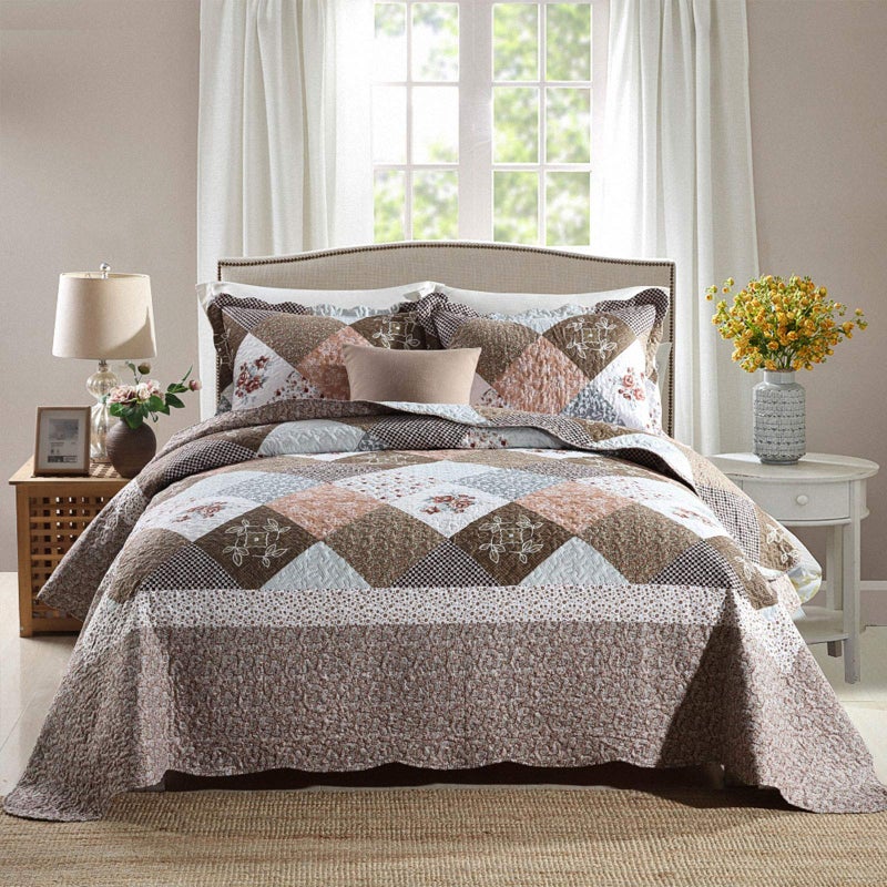 NEWLAKE Quilt Bedspread Sets-Checkered Floral Reversible Coverlet Set,Queen Size - Image 1